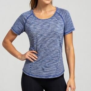 Athleta Blue Purple Black Space Dye Ruched Short Sleeve Athletic Knit Top Medium